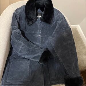 dennis basso Black Suede Jacket with Faux Fur Collar (100% Leather)